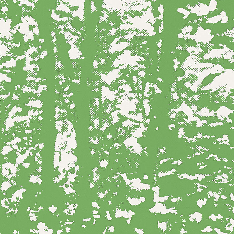 Woodland Leaf wallpaper by Schumacher in green and white, abstract forest pattern