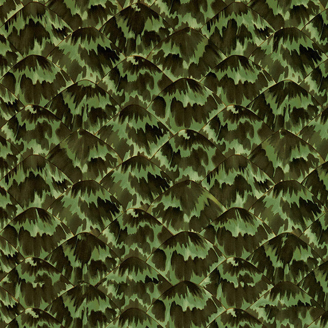 Tortoise Amazon by Celerie Kemble for Schumacher. A green and brown tortoise shell patterned wallpaper shown in a styled interior and as a close-up.