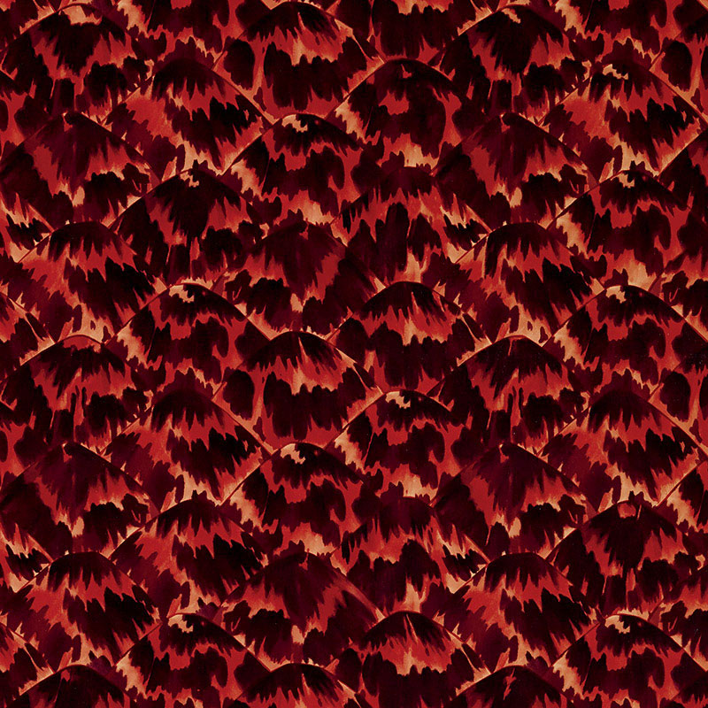Tortoise Imperial wallpaper by Schumacher, designed by Celerie Kemble, featuring a bold tortoiseshell pattern in rich red and brown tones.