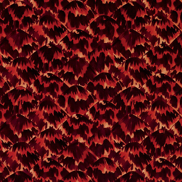 Tortoise Imperial wallpaper by Schumacher, designed by Celerie Kemble, featuring a bold tortoiseshell pattern in rich red and brown tones.