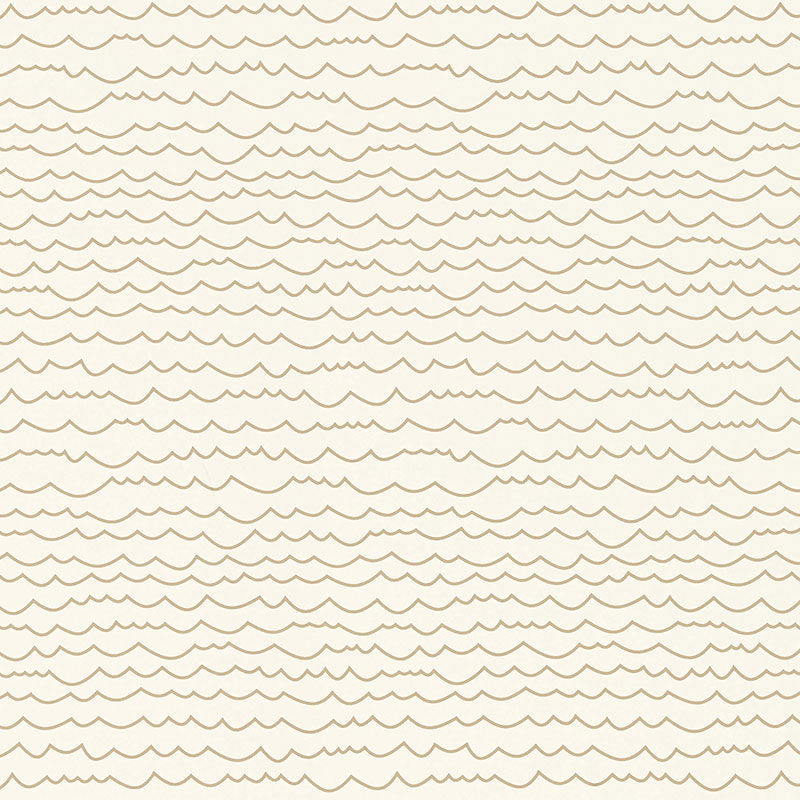 Waves Sand wallpaper by Schumacher featuring a simple, graphic horizontal stripe pattern reminiscent of line drawings in a neutral sand colorway.