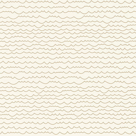 Waves Sand wallpaper by Schumacher featuring a simple, graphic horizontal stripe pattern reminiscent of line drawings in a neutral sand colorway.