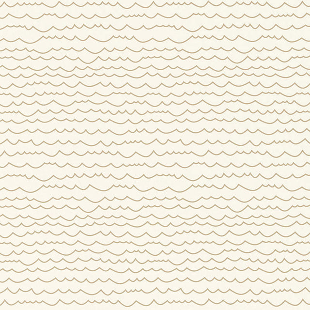 Waves Sand wallpaper by Schumacher featuring a simple, graphic horizontal stripe pattern reminiscent of line drawings in a neutral sand colorway.