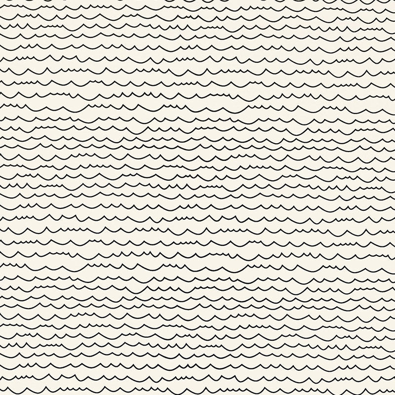 Waves wallpaper in black and white by Schumacher, featuring a graphic horizontal stripe pattern reminiscent of hand-drawn lines.