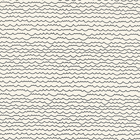 Waves wallpaper in black and white by Schumacher, featuring a graphic horizontal stripe pattern reminiscent of hand-drawn lines.
