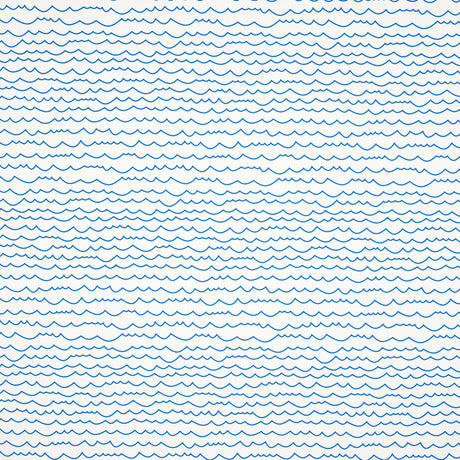 Waves blue wallpaper by Schumacher featuring a simple, graphic horizontal stripe pattern reminiscent of hand-drawn waves.