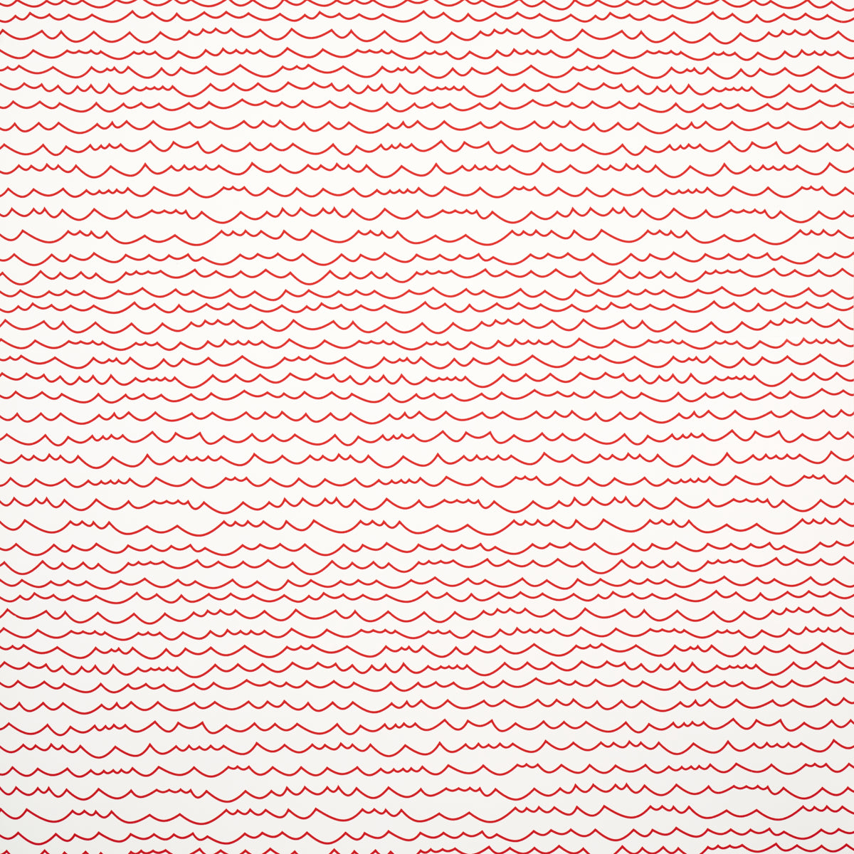 Waves wallpaper in red by Schumacher, featuring a simple horizontal wave stripe pattern, shown in styled and detail views.