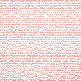 Waves wallpaper in red by Schumacher, featuring a simple horizontal wave stripe pattern, shown in styled and detail views.