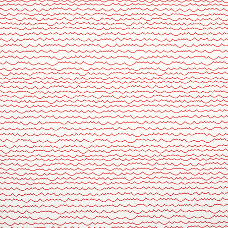 Waves wallpaper in red by Schumacher, featuring a simple horizontal wave stripe pattern, shown in styled and detail views.