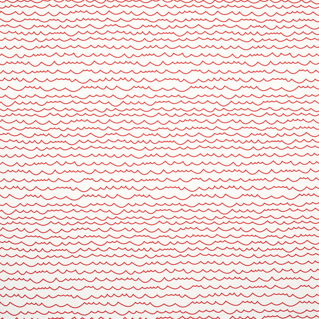 Waves wallpaper in red by Schumacher, featuring a simple horizontal wave stripe pattern, shown in styled and detail views.