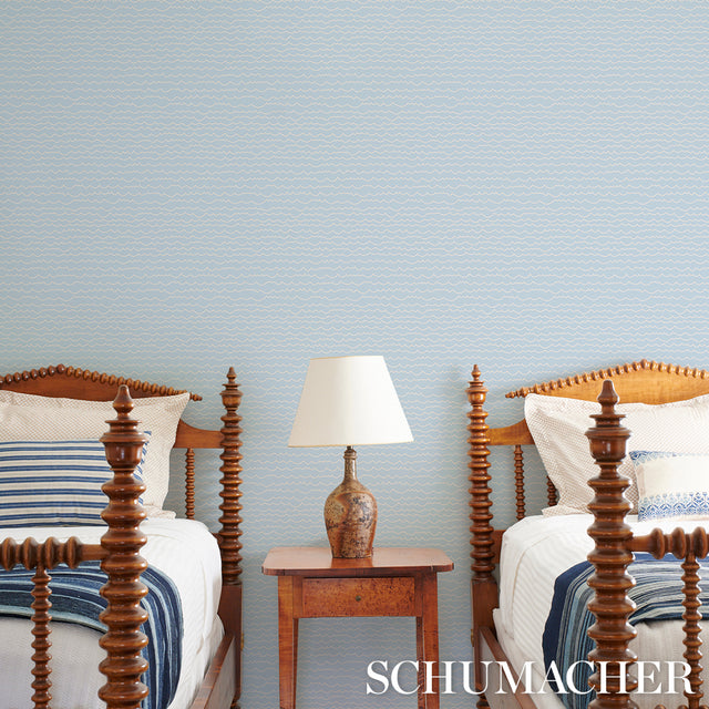 Waves White on Sky by Schumacher Modern Graphic Stripe Wallpaper – Schumacher 5007464
