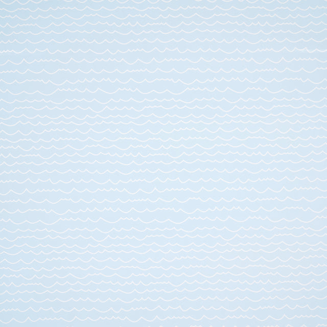 Waves wallpaper in white on sky blue, featuring a simple horizontal wave pattern by Schumacher.
