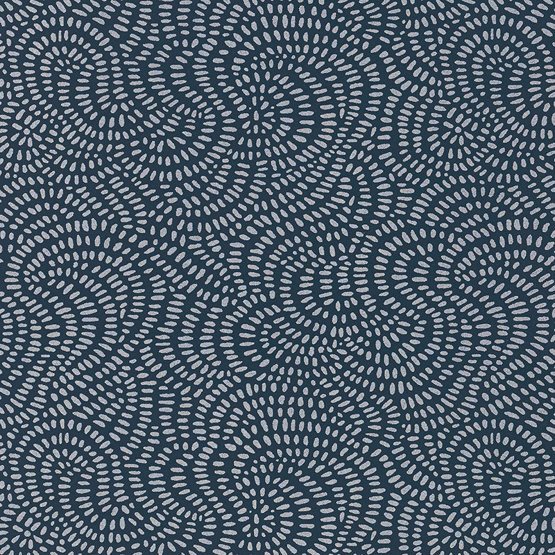 Whirlpool Twilight by Schumacher - swirling geometric pattern wallpaper in blue and white