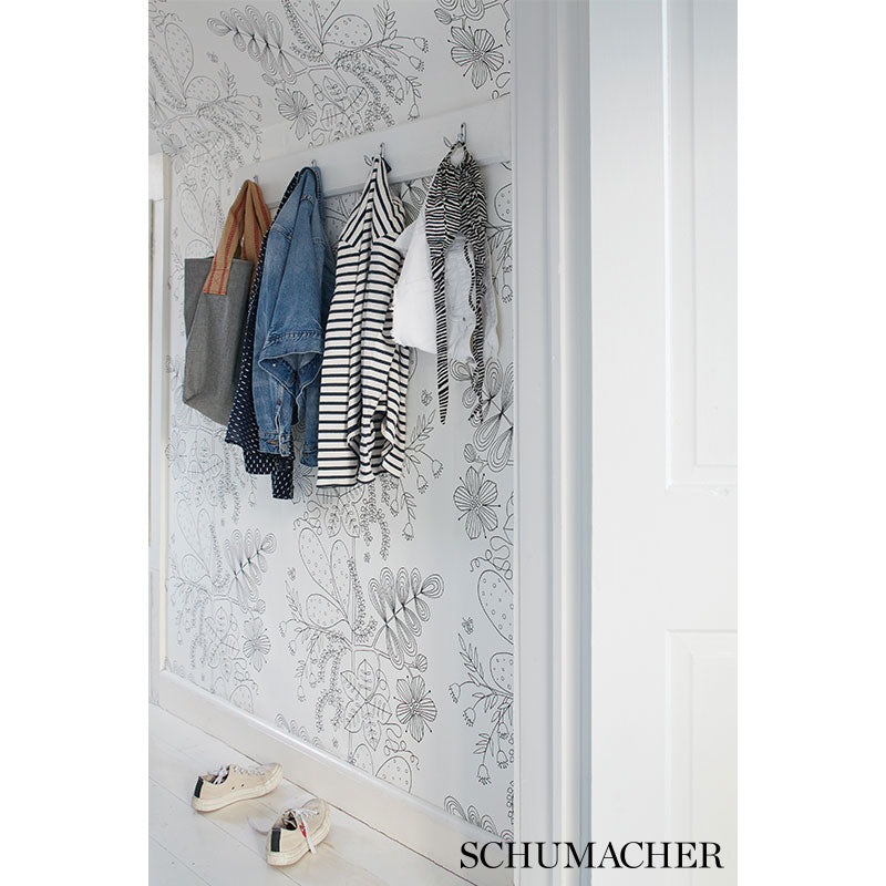 Blommen Noir / Blanc by Schumacher Drawn From Nature Whimsical Floral Wallpaper – Schumacher 5007490