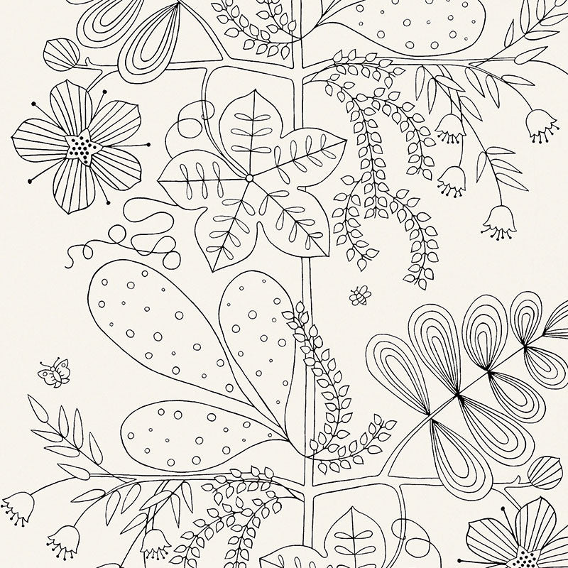 Blommen Noir / Blanc wallpaper from Schumacher's Drawn From Nature collection featuring whimsical black and white floral line art.