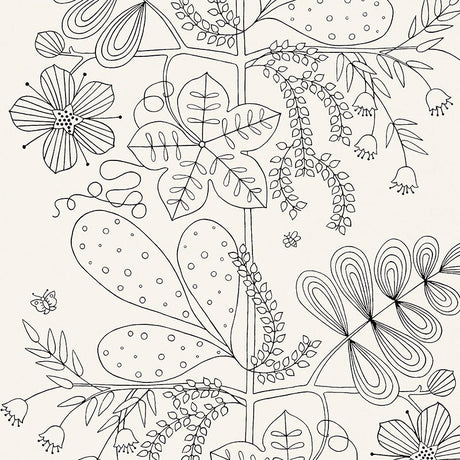 Blommen Noir / Blanc wallpaper from Schumacher's Drawn From Nature collection featuring whimsical black and white floral line art.