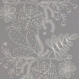 Blommen Smoke wallpaper by Schumacher featuring a whimsical white floral line drawing on a smoky grey background, shown in a modern bathroom interior.