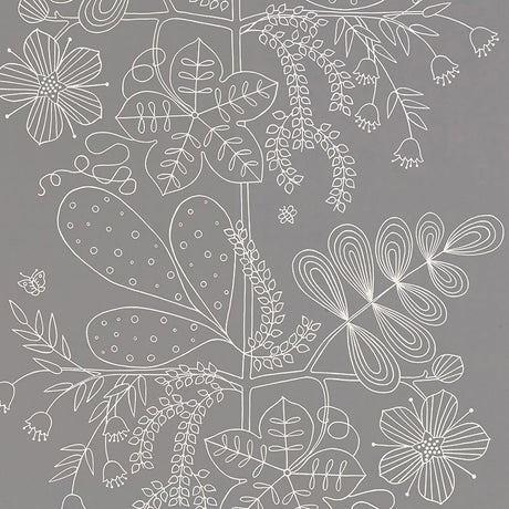 Blommen Smoke wallpaper by Schumacher featuring a whimsical white floral line drawing on a smoky grey background, shown in a modern bathroom interior.