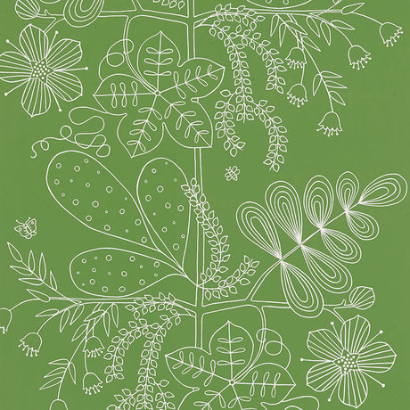 Blommen Leaf wallpaper by Schumacher featuring a white botanical line drawing on a vibrant green background.