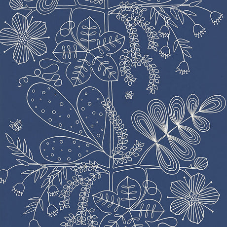 Blommen Marine stylized botanical wallpaper with white linework floral and leaf pattern on a deep blue background by Schumacher