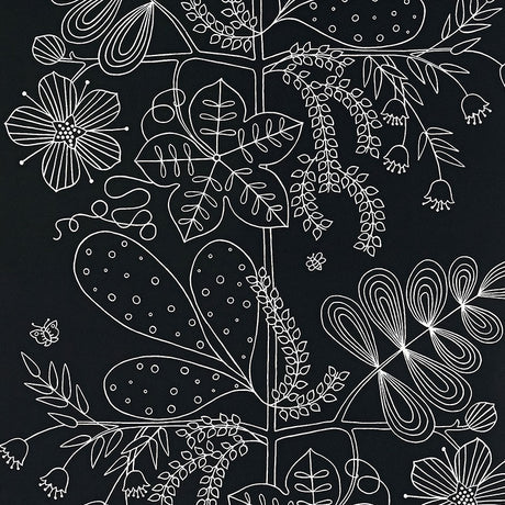 Blommen Ebony wallpaper by Schumacher featuring a whimsical botanical floral pattern in black and white.