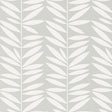 Leaf Stripe wallpaper in Mist by Schumacher, featuring a modern botanical leaf pattern in soft grey and white.