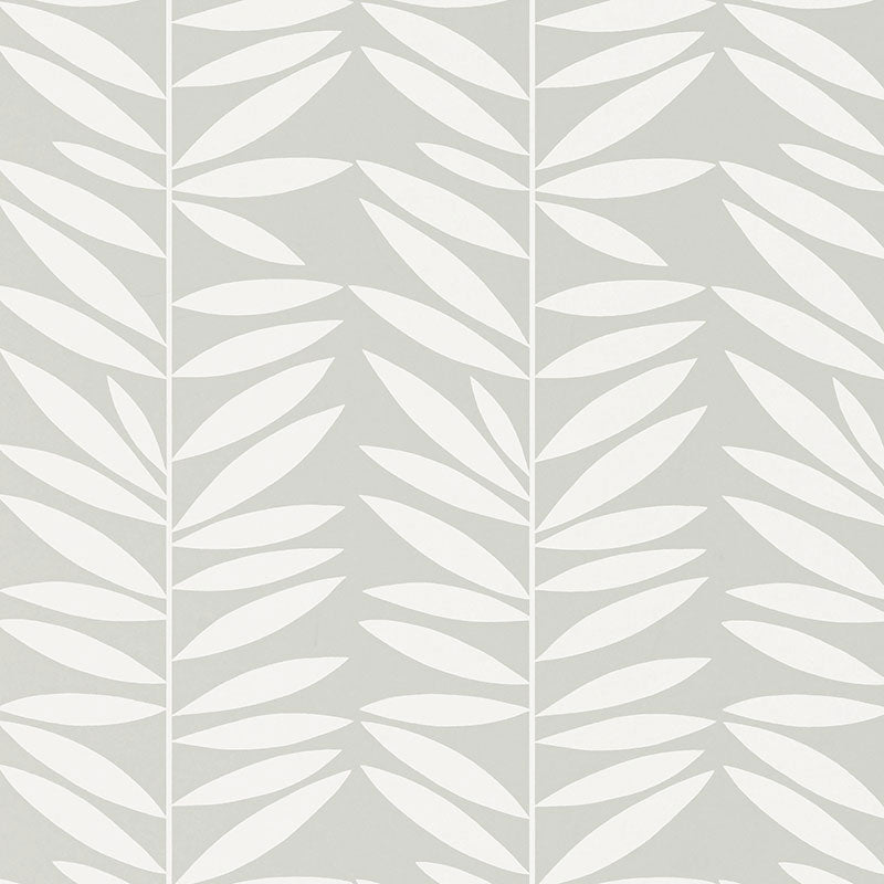 Leaf Stripe wallpaper in Mist by Schumacher, featuring a modern botanical leaf pattern in soft grey and white.