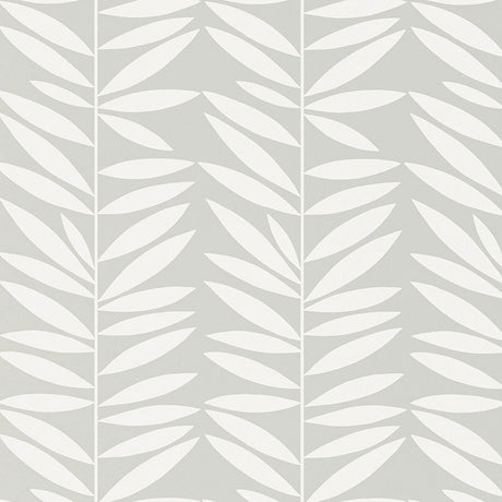 Leaf Stripe wallpaper in Mist by Schumacher, featuring a modern botanical leaf pattern in soft grey and white.