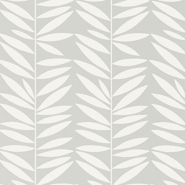 Leaf Stripe wallpaper in Mist by Schumacher, featuring a modern botanical leaf pattern in soft grey and white.