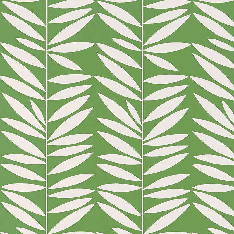 Leaf Stripe wallpaper in green and white with a bold, graphic leaf pattern by Schumacher.