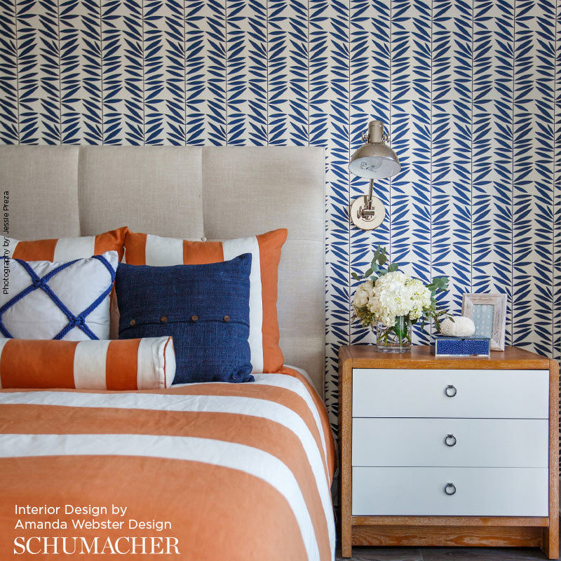 Leaf Stripe Marine by Schumacher Bold Blue Botanical Wallpaper – Schumacher 5007512