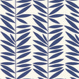 Leaf Stripe wallpaper in Marine by Schumacher, featuring a bold blue leaf pattern on a white background, shown in bedroom and bathroom settings.
