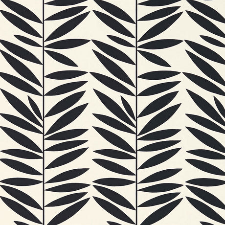 Leaf Stripe Ebony wallpaper by Schumacher featuring bold, graphic black leaf stripes on a white background.
