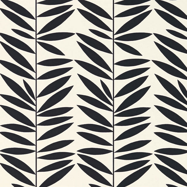 Leaf Stripe Ebony wallpaper by Schumacher featuring bold, graphic black leaf stripes on a white background.