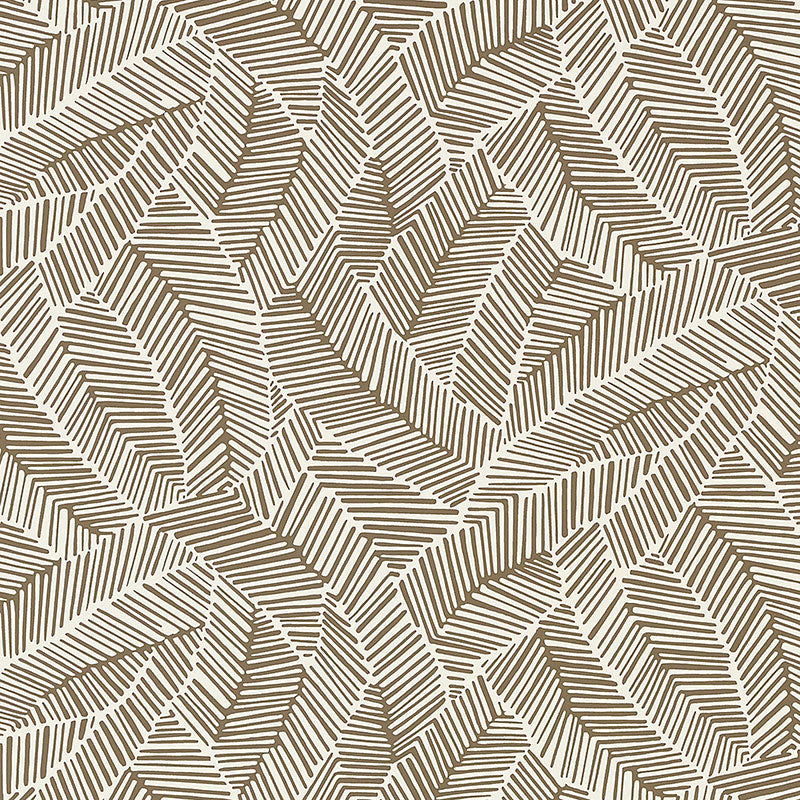 Abstract leaf patterned wallpaper in mocha color from Schumacher's Drawn From Nature collection.