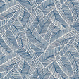 Abstract navy leaf wallpaper pattern with graphic lines by Schumacher, shown in a styled interior and close-up view.