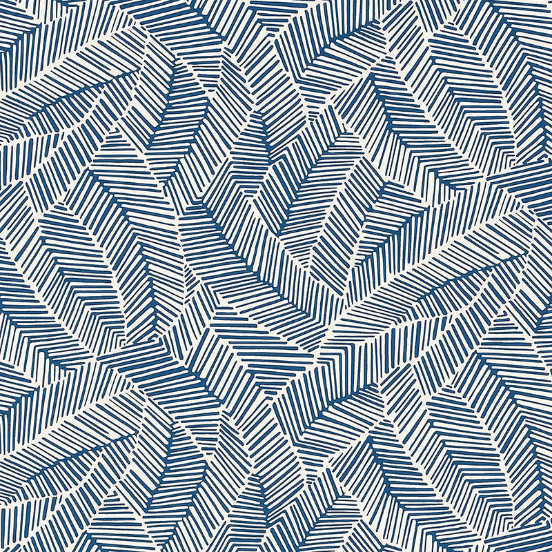 Abstract navy leaf wallpaper pattern with graphic lines by Schumacher, shown in a styled interior and close-up view.