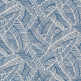 Abstract navy leaf wallpaper pattern with graphic lines by Schumacher, shown in a styled interior and close-up view.