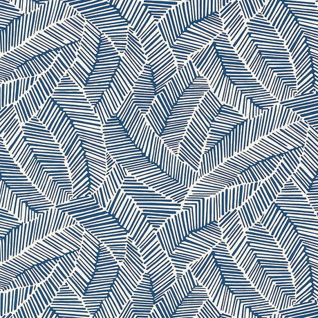 Abstract navy leaf wallpaper pattern with graphic lines by Schumacher, shown in a styled interior and close-up view.