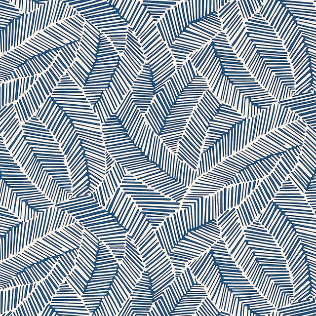 Abstract navy leaf wallpaper pattern with graphic lines by Schumacher, shown in a styled interior and close-up view.