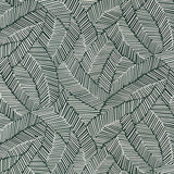Abstract leaf patterned wallpaper in metallic slate, shown in a modern bathroom setting by Schumacher.
