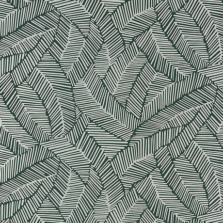 Abstract leaf patterned wallpaper in metallic slate, shown in a modern bathroom setting by Schumacher.