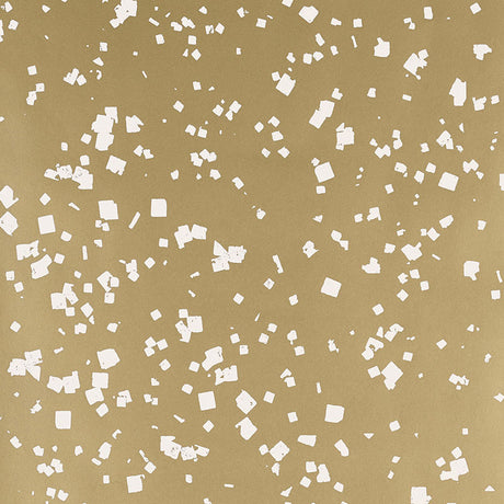 Snow Gilt wallpaper by Schumacher featuring a flurry of white dots and squares on a shimmering gold background.