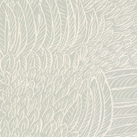 Featherfest Smoke wallpaper by Schumacher featuring a graphic play of stylized feathers in a soft neutral colorway, shown in a modern interior setting.