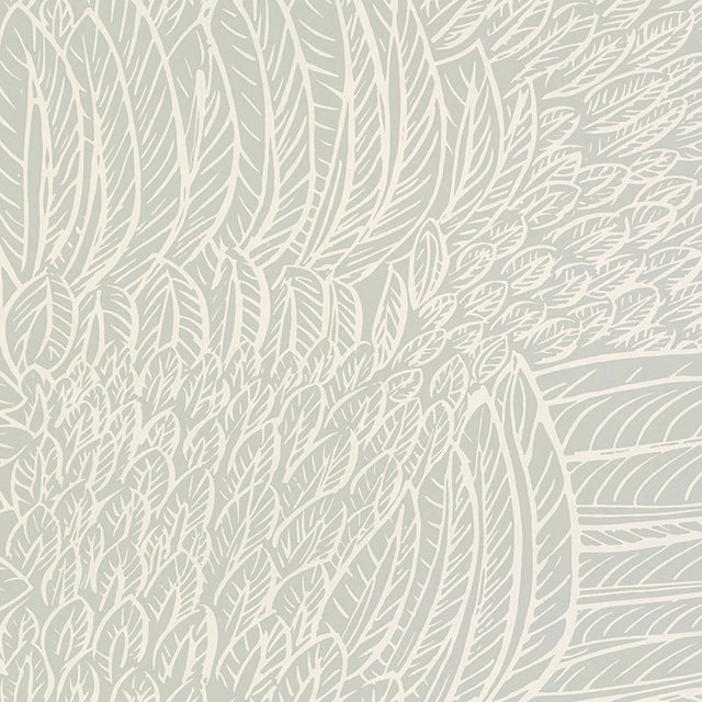 Featherfest Smoke wallpaper by Schumacher featuring a graphic play of stylized feathers in a soft neutral colorway, shown in a modern interior setting.