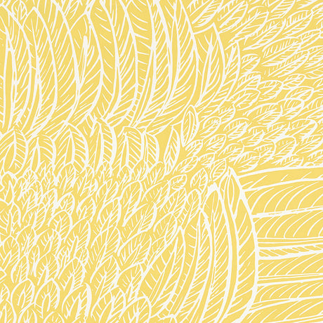 FEATHERFEST wallpaper in citron yellow with a graphic feather pattern, shown in a bathroom interior by Schumacher.