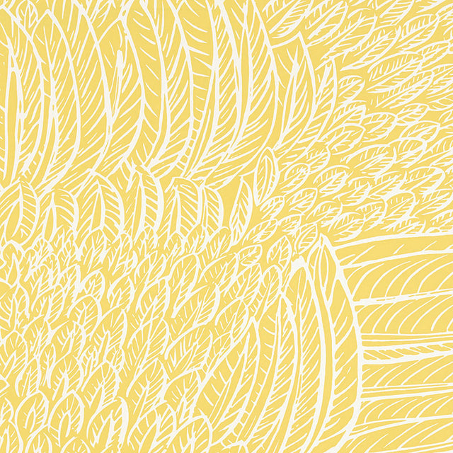 FEATHERFEST wallpaper in citron yellow with a graphic feather pattern, shown in a bathroom interior by Schumacher.