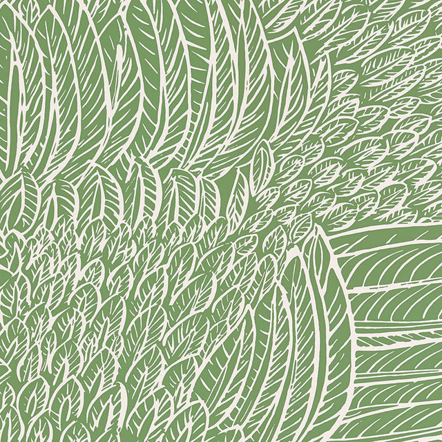 Featherfest Leaf wallpaper by Schumacher, a graphic play of stylized feathers in green and white, shown in interior settings.