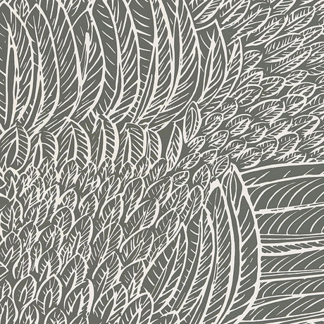Featherfest Slate wallpaper by Schumacher featuring a graphic play of stylized feathers in a slate colorway, shown in a modern interior setting.