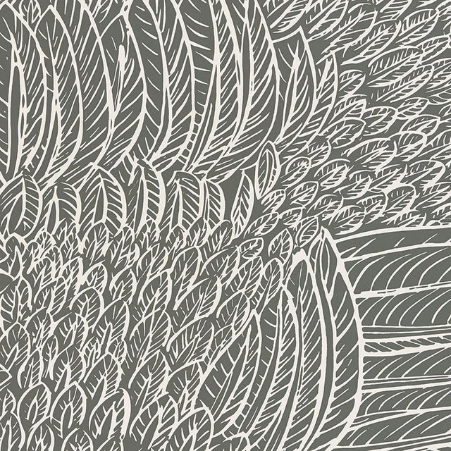 Featherfest Slate wallpaper by Schumacher featuring a graphic play of stylized feathers in a slate colorway, shown in a modern interior setting.
